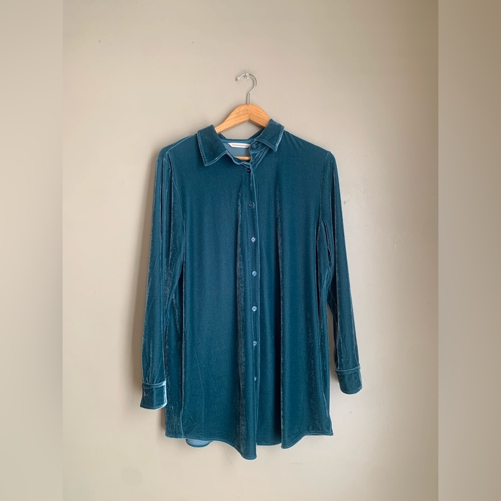 Soft Surrounding Velvet Button Up Top Shirt Dark Teal Blouse Tunic Size medium
